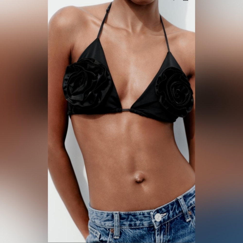 Zara Black Floral Detail Bikini Top - Picture 3 of 9